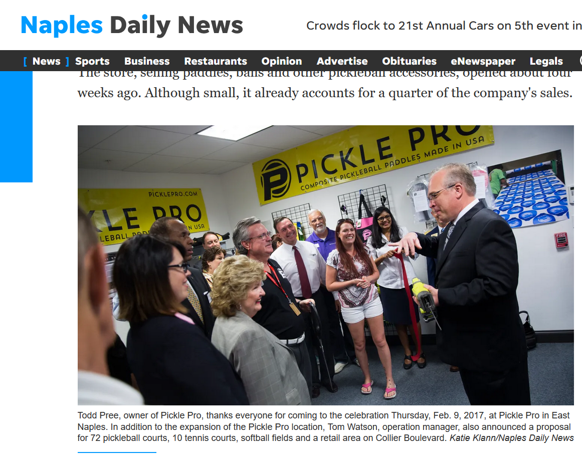 Naples Daily News article featuring Todd Pree and the grand opening of the retail store he founded, highlighting his role as an entrepreneur and business innovator.